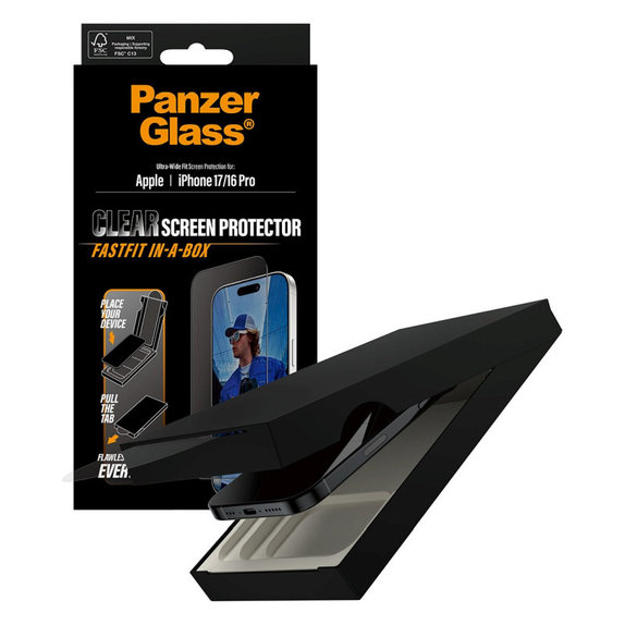 UWF kaljeno steklo s Fastfit za iPhone 17/16 Pro, Črna, PanzerGlass