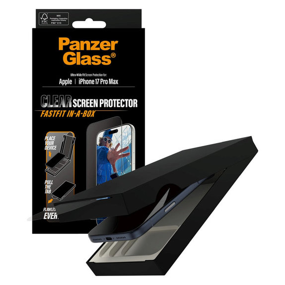 Kaljeno steklo UWF s Fastfit za iPhone 17 Pro Max, Črna, PanzerGlass
