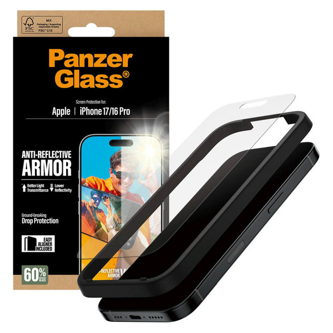Kaljeno steklo Anti-Reflective z aplikatorjem za iPhone 17/16 Pro, Črna, PanzerGlass