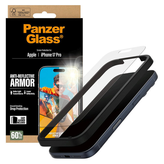 Kaljeno steklo Anti-Reflective z aplikatorjem za iPhone 17 Pro, Črna, PanzerGlass