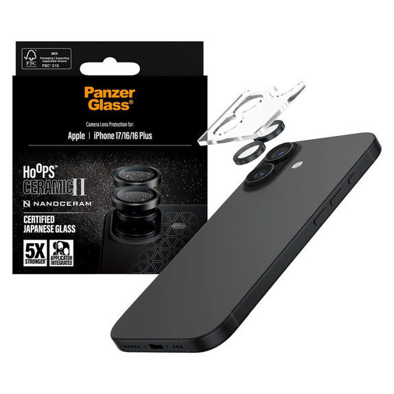 Zaščita objektiva kamere Hoops Ceramic II za iPhone 17/16 Plus/16, Črna, PanzerGlass