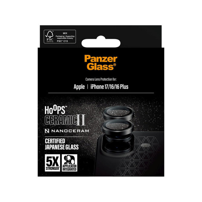 Zaščita objektiva kamere Hoops Ceramic II za iPhone 17/16 Plus/16, Črna, PanzerGlass