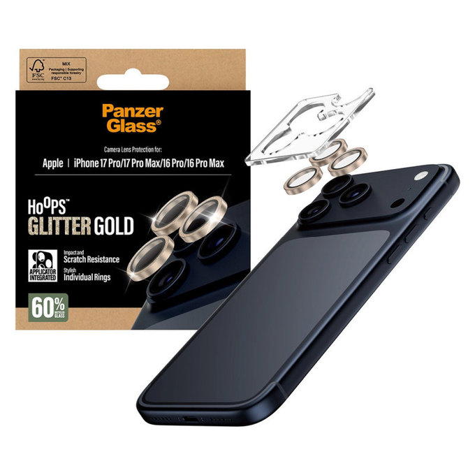Zaščita objektiva kamere Hoops za iPhone 17 Pro Max/17 Pro/16 Pro Max/16 Pro, Glitter Gold, PanzerGlass