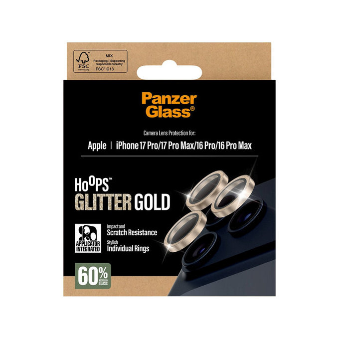 Zaščita objektiva kamere Hoops za iPhone 17 Pro Max/17 Pro/16 Pro Max/16 Pro, Glitter Gold, PanzerGlass