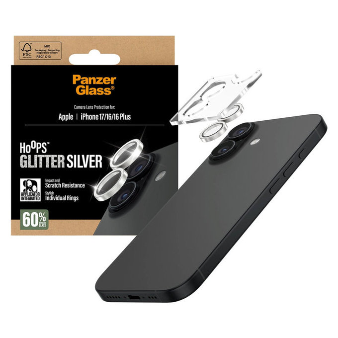 Zaščita objektiva kamere Hoops za iPhone 17/16 Plus/16, Glitter Silver, PanzerGlass