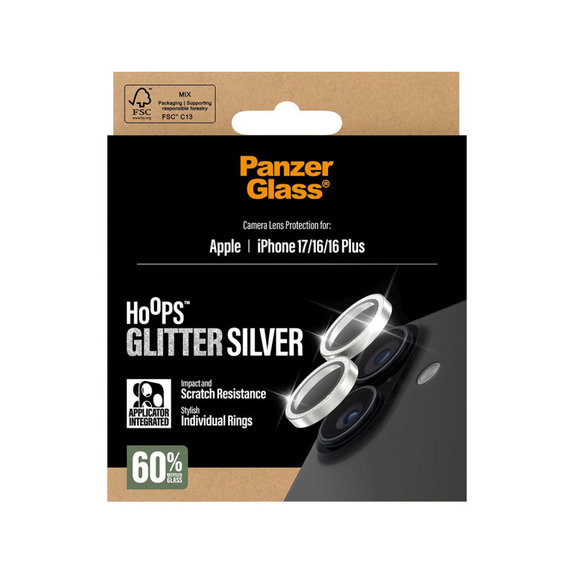 Zaščita objektiva kamere Hoops za iPhone 17/16 Plus/16, Glitter Silver, PanzerGlass
