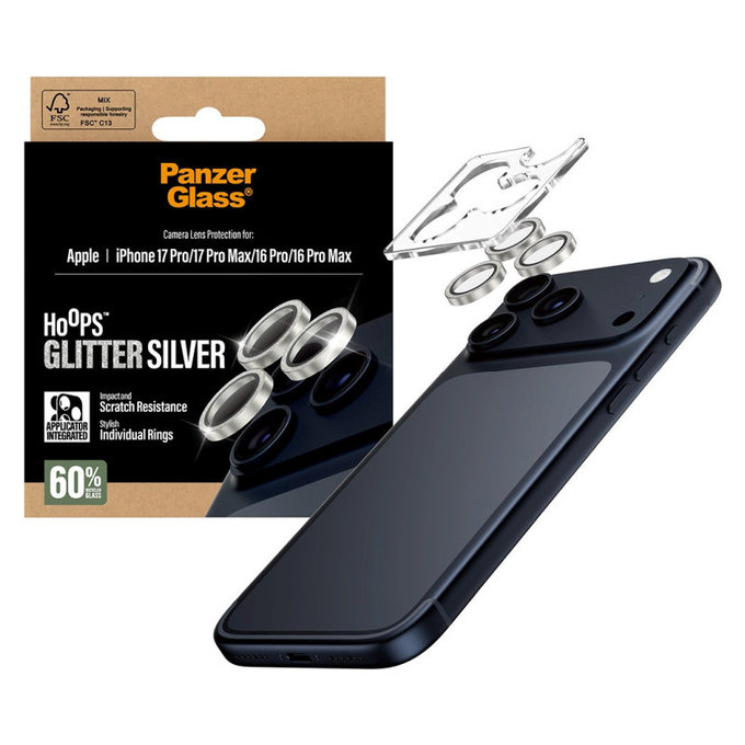 Zaščita objektiva kamere Hoops za iPhone 17 Pro Max/17 Pro/16 Pro Max/16 Pro, Glitter Silver, PanzerGlass