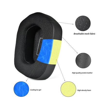 Nadomestne blazinice za ušesa za Logitech G733, Spominska pena + Tekstil + Usnje, Črne, Hlajeni gel, 1 Par