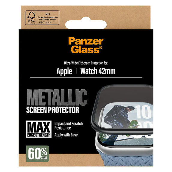 Kaljeno steklo UWF METALLIC za Apple Watch 11/10 42 mm, Črna, PanzerGlass