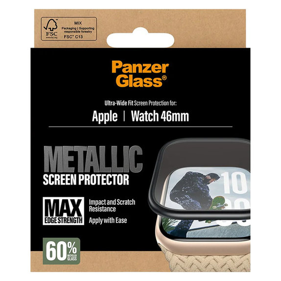 Kaljeno steklo UWF METALLIC za Apple Watch 11/10 46 mm, Črna, PanzerGlass