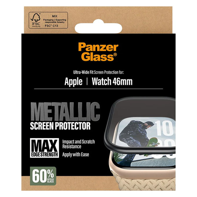 Kaljeno steklo UWF METALLIC za Apple Watch 11/10 46 mm, Črna, PanzerGlass