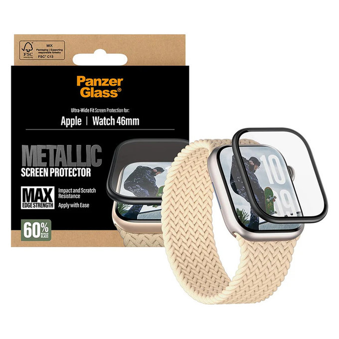 Kaljeno steklo UWF METALLIC za Apple Watch 11/10 46 mm, Črna, PanzerGlass