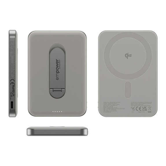 Brezžična PowerBank 5000 mAh, z vrtljivim stojalom 20 W, združljiva z MagSafe, Qi2/USB-C, Titan, empower