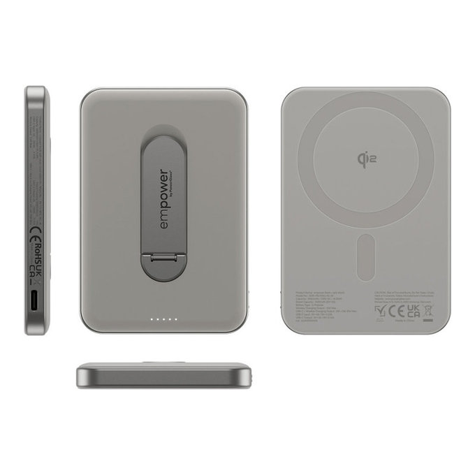 Brezžična PowerBank 5000 mAh, z vrtljivim stojalom 20 W, združljiva z MagSafe, Qi2/USB-C, Titan, empower
