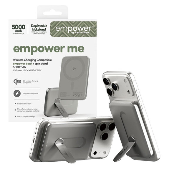 Brezžična PowerBank 5000 mAh, z vrtljivim stojalom 20 W, združljiva z MagSafe, Qi2/USB-C, Titan, empower