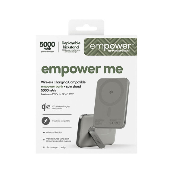 Brezžična PowerBank 5000 mAh, z vrtljivim stojalom 20 W, združljiva z MagSafe, Qi2/USB-C, Titan, empower