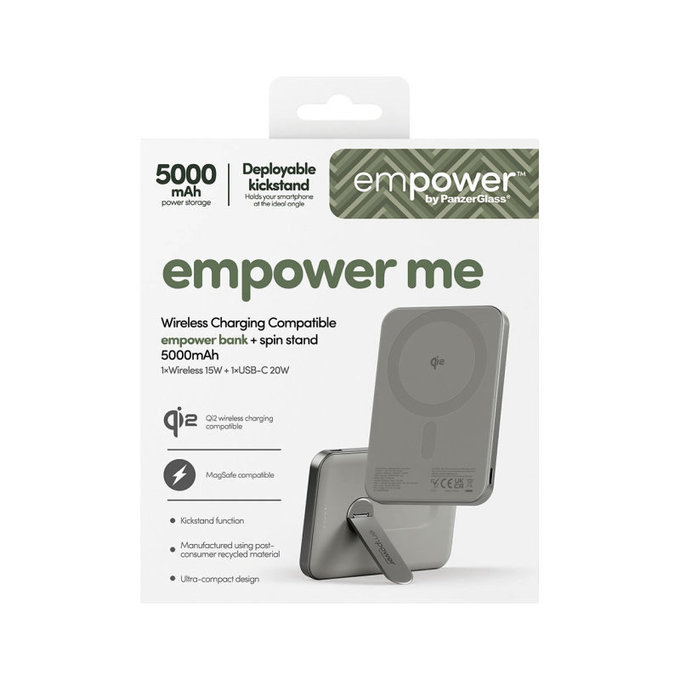 Brezžična PowerBank 5000 mAh, z vrtljivim stojalom 20 W, združljiva z MagSafe, Qi2/USB-C, Titan, empower