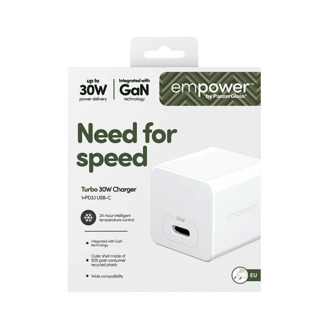 Potovalni adapter Grand Prix USB-C, GaN, 30 W PD, srebrno-bel, empower