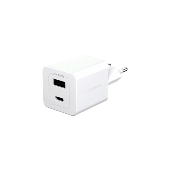 Potovalni adapter Grand Prix USB-C/USB-A, GaN, 35 W PD, srebrno-bel, empower