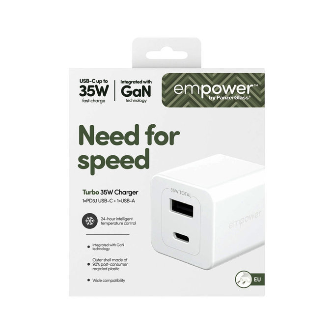 Potovalni adapter Grand Prix USB-C/USB-A, GaN, 35 W PD, srebrno-bel, empower