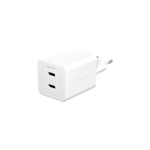 Potovalni adapter Grand Prix 2x USB-C, GaN, 45 W PD, Srebrno-bela, empower