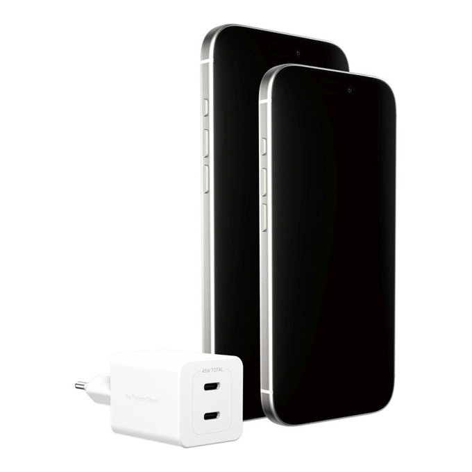 Potovalni adapter Grand Prix 2x USB-C, GaN, 45 W PD, Srebrno-bela, empower