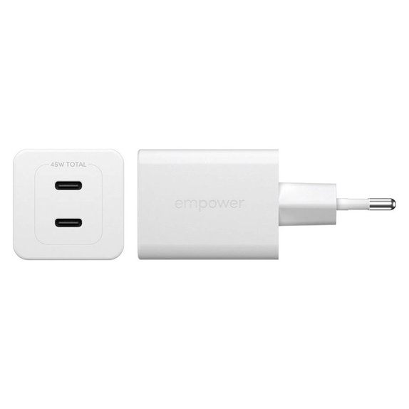 Potovalni adapter Grand Prix 2x USB-C, GaN, 45 W PD, Srebrno-bela, empower