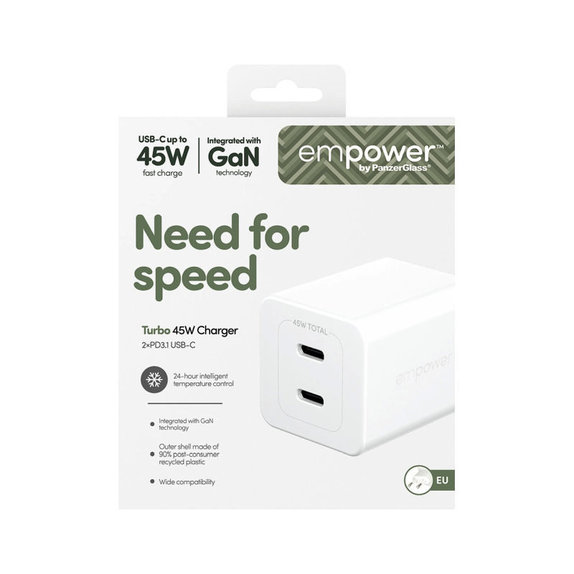 Potovalni adapter Grand Prix 2x USB-C, GaN, 45 W PD, Srebrno-bela, empower