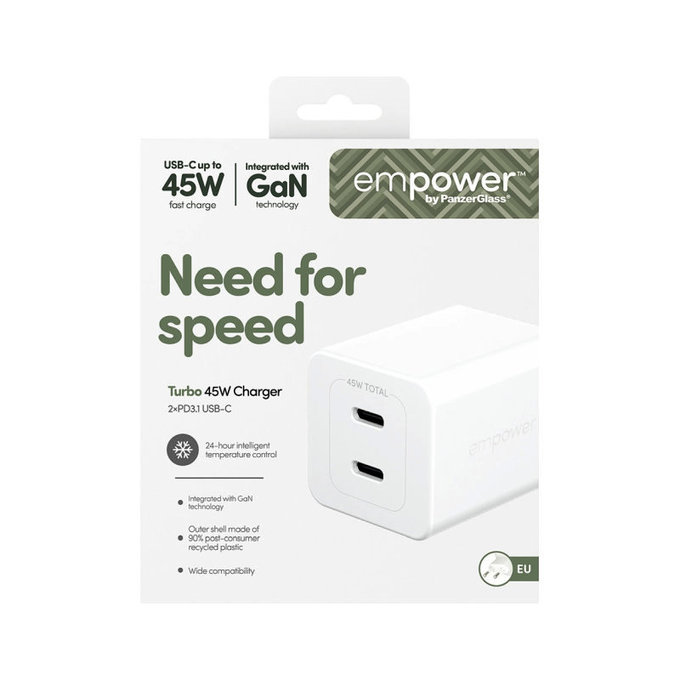 Potovalni adapter Grand Prix 2x USB-C, GaN, 45 W PD, Srebrno-bela, empower