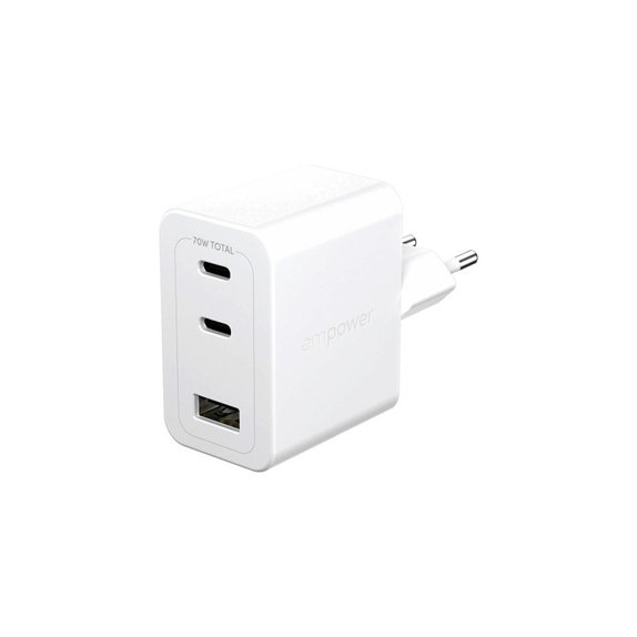 Potovalni adapter Grand Prix 2x USB-C/USB-A, GaN, 70 W PD, Srebrno-bela, empower