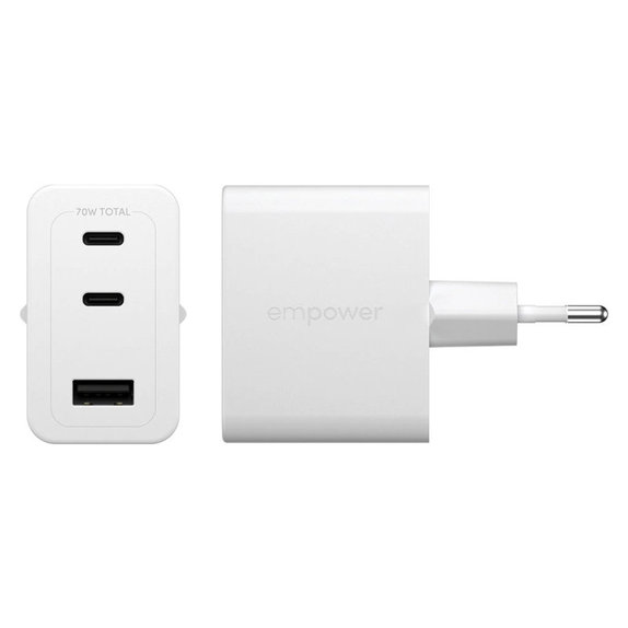 Potovalni adapter Grand Prix 2x USB-C/USB-A, GaN, 70 W PD, Srebrno-bela, empower