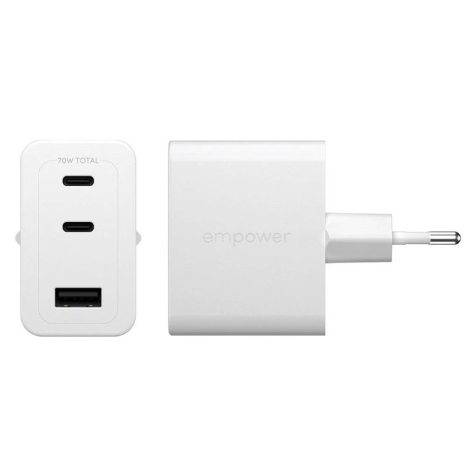Potovalni adapter Grand Prix 2x USB-C/USB-A, GaN, 70 W PD, Srebrno-bela, empower