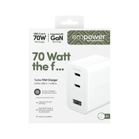 Potovalni adapter Grand Prix 2x USB-C/USB-A, GaN, 70 W PD, Srebrno-bela, empower