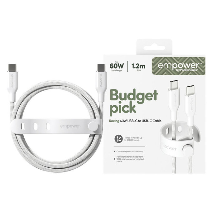 Kabel USB-C, 60 W, Racing, 1,2 m, srebrno-bel, empower
