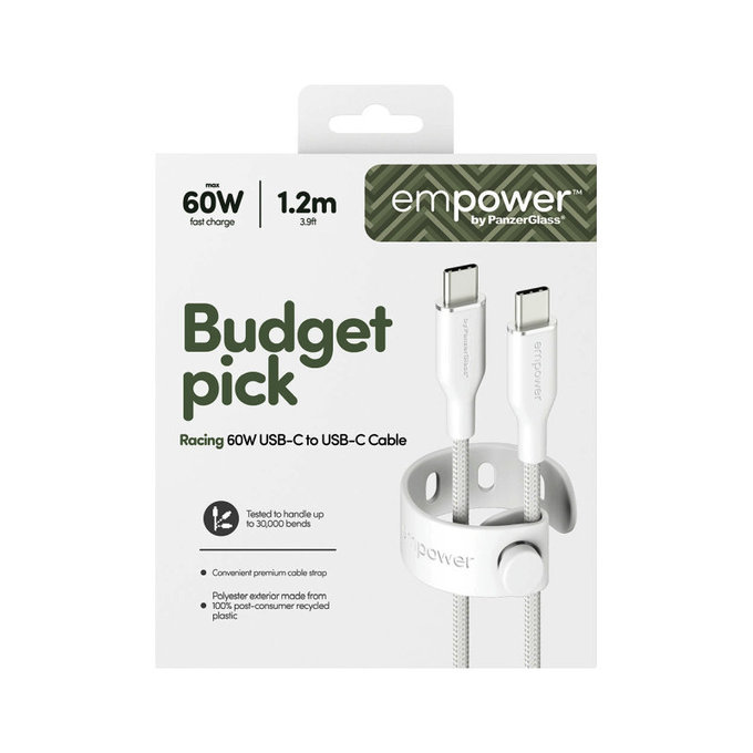Kabel USB-C, 60 W, Racing, 1,2 m, srebrno-bel, empower