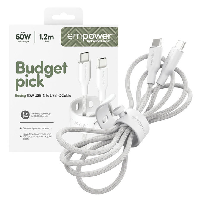 Kabel USB-C, 60 W, Racing, 1,2 m, srebrno-bel, empower
