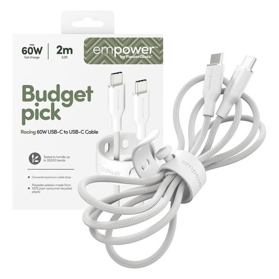 Kabel USB-C, 60 W, Racing, 2 m, Srebrno-bela, empower