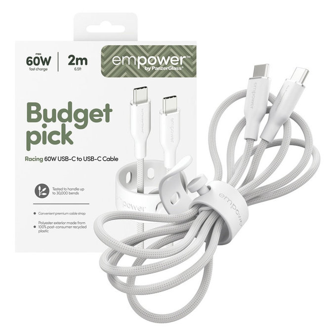 Kabel USB-C, 60 W, Racing, 2 m, Srebrno-bela, empower
