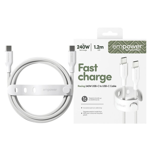 Kabel USB-C, 240 W, Racing, 1,2 m, srebrno-bel, empower