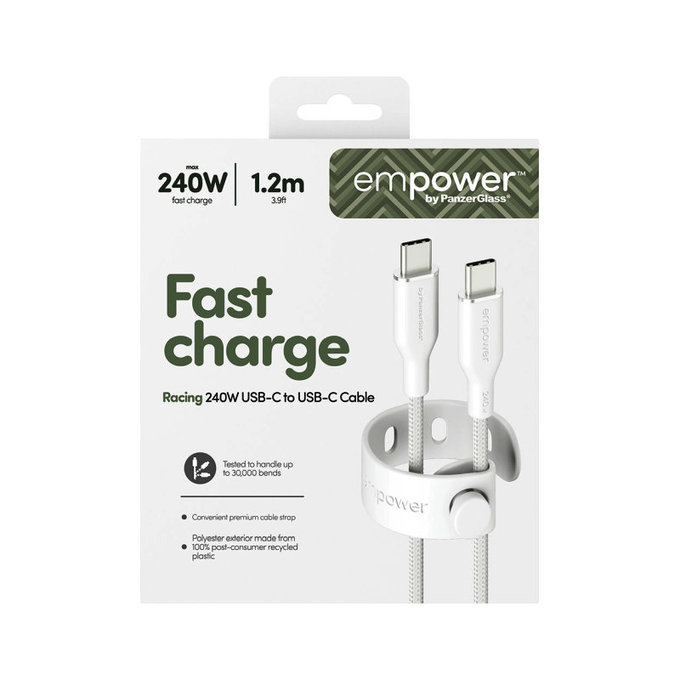 Kabel USB-C, 240 W, Racing, 1,2 m, srebrno-bel, empower