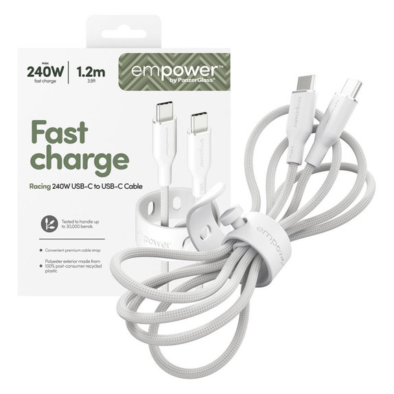Kabel USB-C, 240 W, Racing, 1,2 m, srebrno-bel, empower