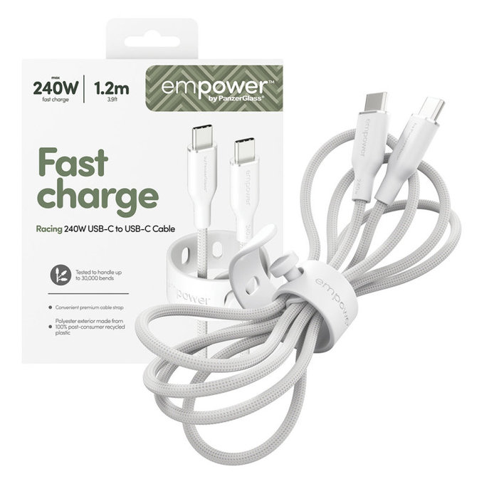 Kabel USB-C, 240 W, Racing, 1,2 m, srebrno-bel, empower