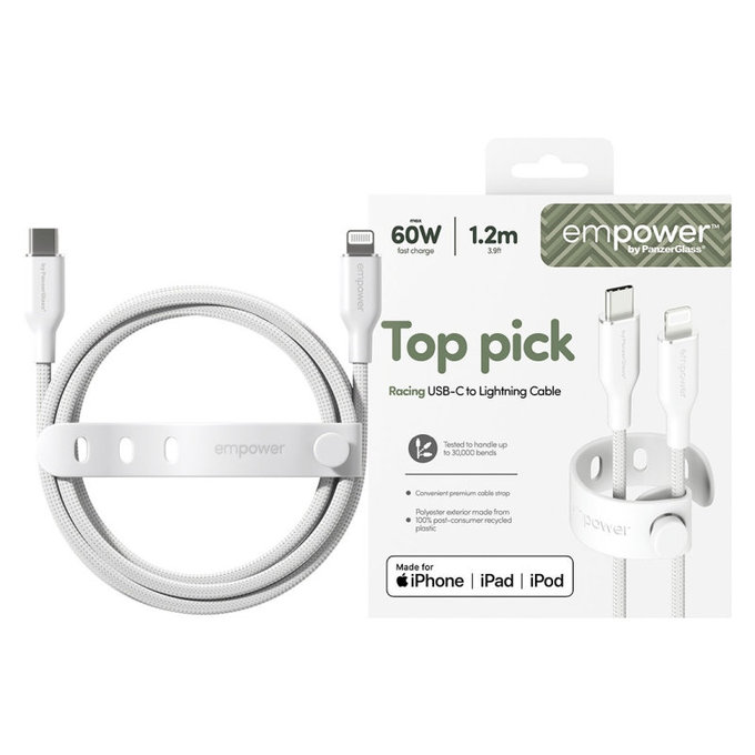 Kabel USB-C/Lightning, 60 W, Racing, 1, 2 m, Srebrno-bela, empower
