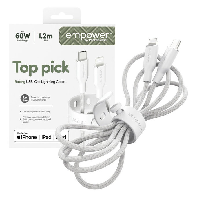 Kabel USB-C/Lightning, 60 W, Racing, 1, 2 m, Srebrno-bela, empower