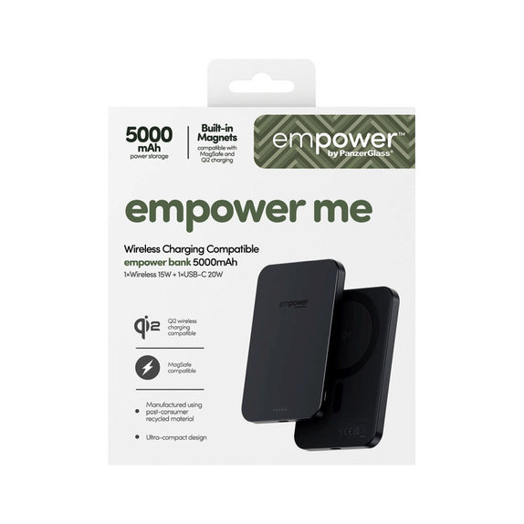 Brezžična PowerBank 5000 mAh, 20 W, združljiva z MagSafe, Qi2/USB-C, Space Black, empower