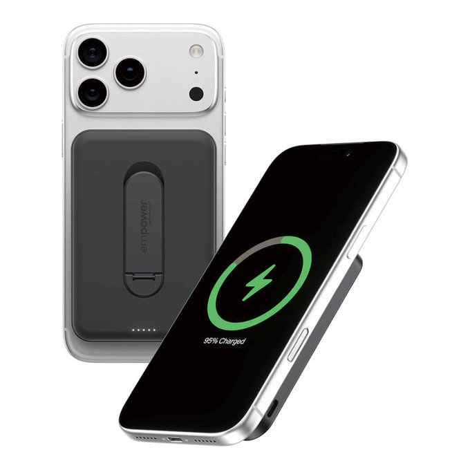 Brezžična PowerBank 5000 mAh z vrtljivim stojalom, 20 W, združljiva z MagSafe, Qi2/USB-C, Space Black, empower