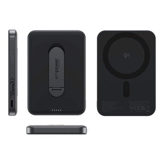 Brezžična PowerBank 5000 mAh z vrtljivim stojalom, 20 W, združljiva z MagSafe, Qi2/USB-C, Space Black, empower