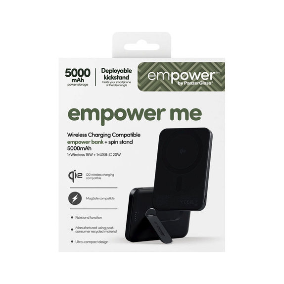 Brezžična PowerBank 5000 mAh z vrtljivim stojalom, 20 W, združljiva z MagSafe, Qi2/USB-C, Space Black, empower