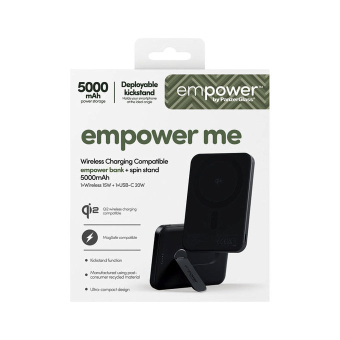 Brezžična PowerBank 5000 mAh z vrtljivim stojalom, 20 W, združljiva z MagSafe, Qi2/USB-C, Space Black, empower
