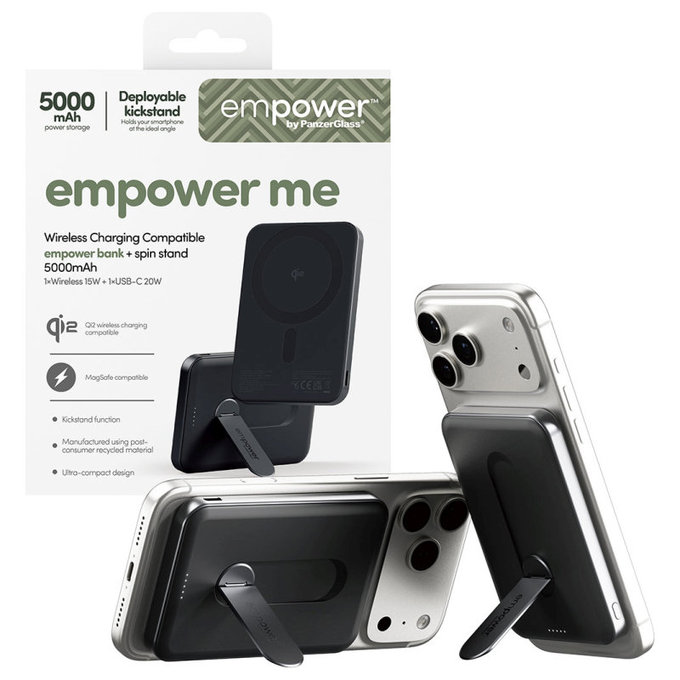 Brezžična PowerBank 5000 mAh z vrtljivim stojalom, 20 W, združljiva z MagSafe, Qi2/USB-C, Space Black, empower